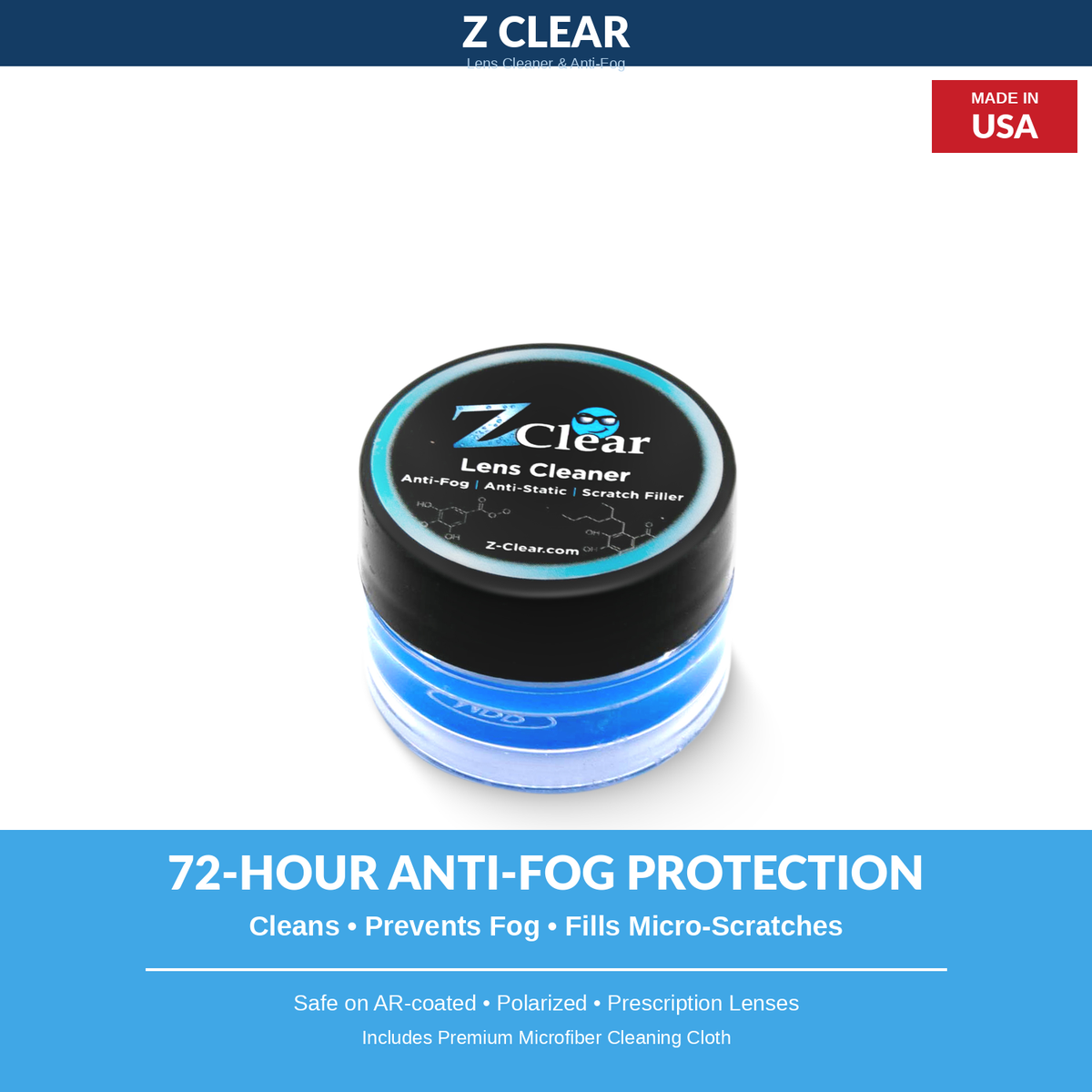 Z Clear Anti-Fog Lens Cleaner Paste + Microfiber Cloth — 72-Hour Protection, Made in USA
