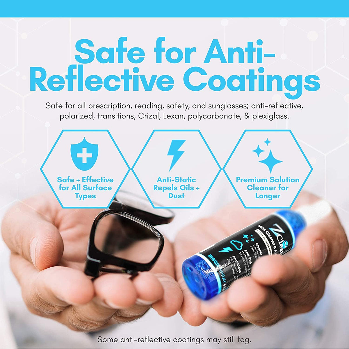 Z Clear Biggie 6oz anti-fog spray applied to motorcycle visor — long-lasting protection