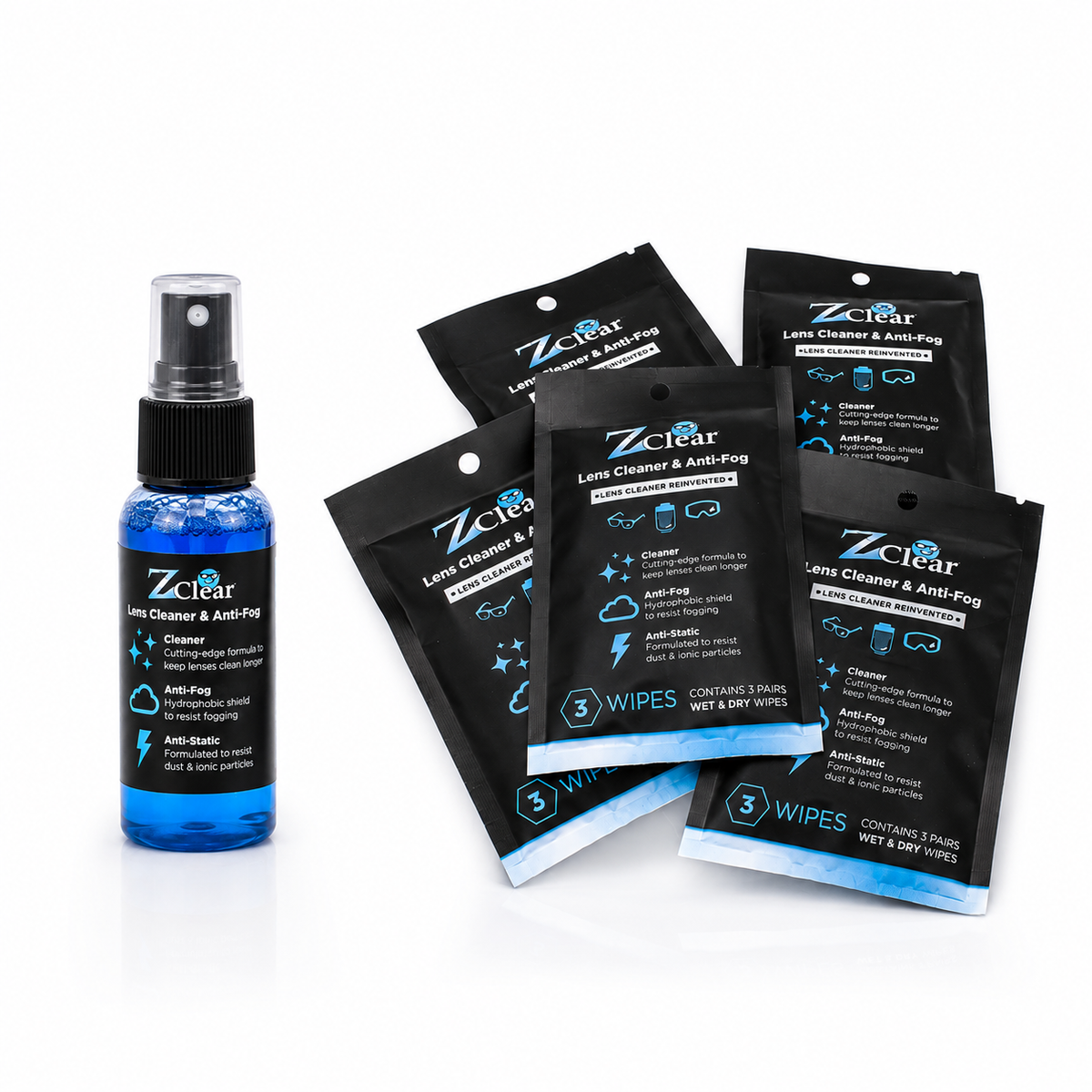 Z Clear Starter Kit — Anti-Fog Spray, 15 Count Lens Wipes & Microfiber Cloth
